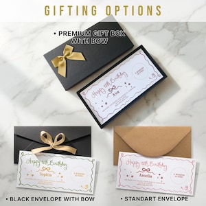 May include: A black gift box with a gold bow, a black envelope with a gold bow, and a brown envelope. Each contains a white rectangular card with the text Happy 18th Birthday, a name, and A Weekend in Paris. The cards feature decorative borders.