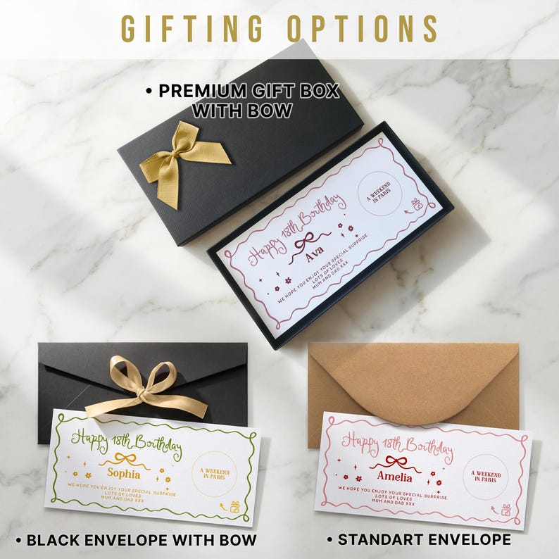 May include: A black gift box with a gold bow, a black envelope with a gold bow, and a brown envelope. Each contains a white rectangular card with the text Happy 18th Birthday, a name, and A Weekend in Paris. The cards feature decorative borders.