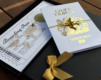 Personalised Birthday Boarding Pass Luxury Gift Set in Gold Passport, Scratch to Reveal Holiday Trip Card with Acrylic Plane & tie