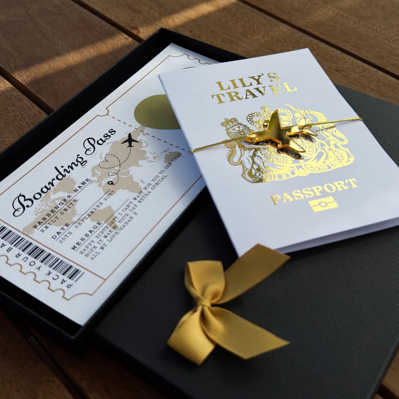 May include: A white boarding pass with a world map and text including Boarding Pass, Passenger Name Emily Smith, and Date 25th September 2027, alongside a white passport cover titled Lily's Travel with a gold airplane charm and a gold ribbon.