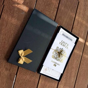 May include: A black rectangular gift box with a gold ribbon bow, containing a white passport holder labeled LILY'S TRAVEL. The holder features a gold foil crest, a small gold airplane charm, and a ticket-style graphic with the text PACK YOUR BAGS.