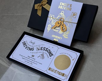 Personalised Driving Lessons Scratch To Reveal Voucher Luxury Gift Set in Gold, Gold Foil Gift, Birthday Surprise Gift Voucher,Custom Ticket