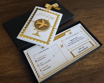 Personalised Gold Boarding Pass Scratch Card Luxury Keepsake Boxed Holiday Voucher Trip Ticket Surprise Birthday Announcement Present