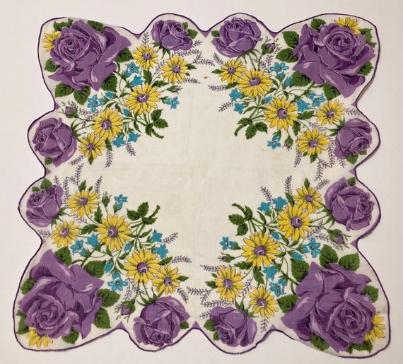 Vintage Purple Roses & Yellow Floral Hankie - image 1