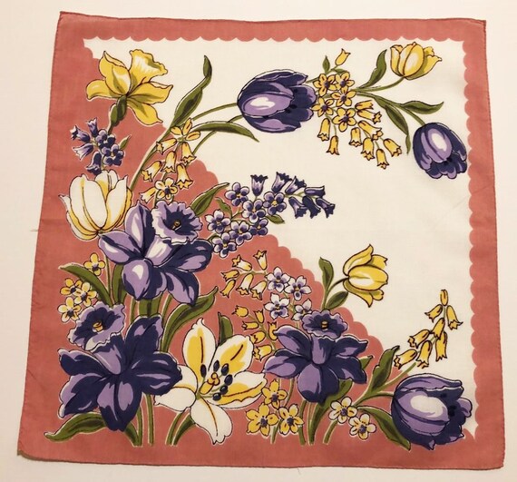 Vintage Pink & White Deco Hankie with Purple and … - image 1