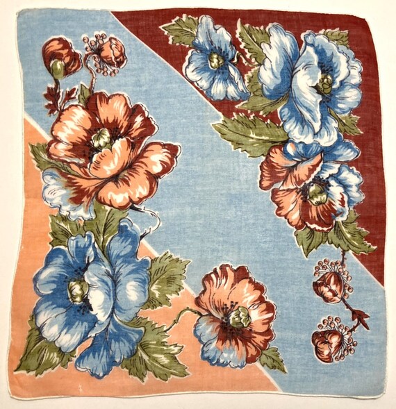 Vintage Unused Brown & Blue Floral Hankie