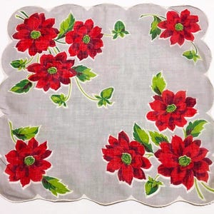 Vintage Unused Gray Hankie with Red Flowers