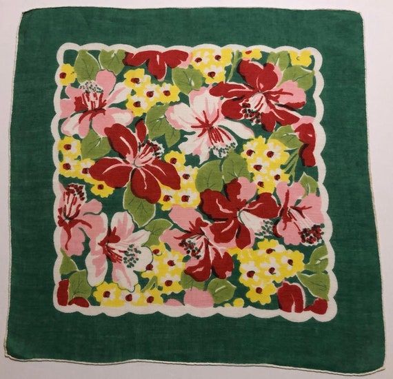 Vintage Green Hankie with Flower Design - image 1