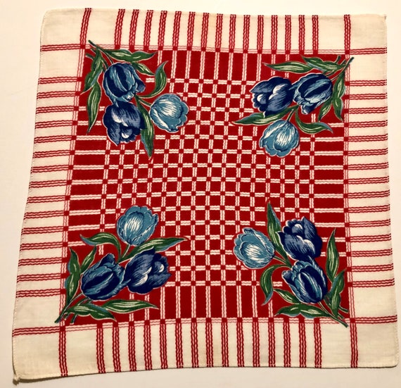 Vintage Red & White Hankie with Blue Florals - image 1