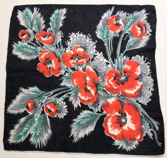 Vintage Black Hankie with Red Green & Gray Floral… - image 1
