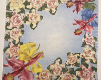 Vintage Unused Blue Hankie with Red Yellow Floral Design