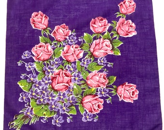 Vintage Unused Purple Hankie with Pink Roses