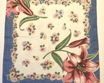 Vintage Unused Oversize Blue & White Floral Hankie