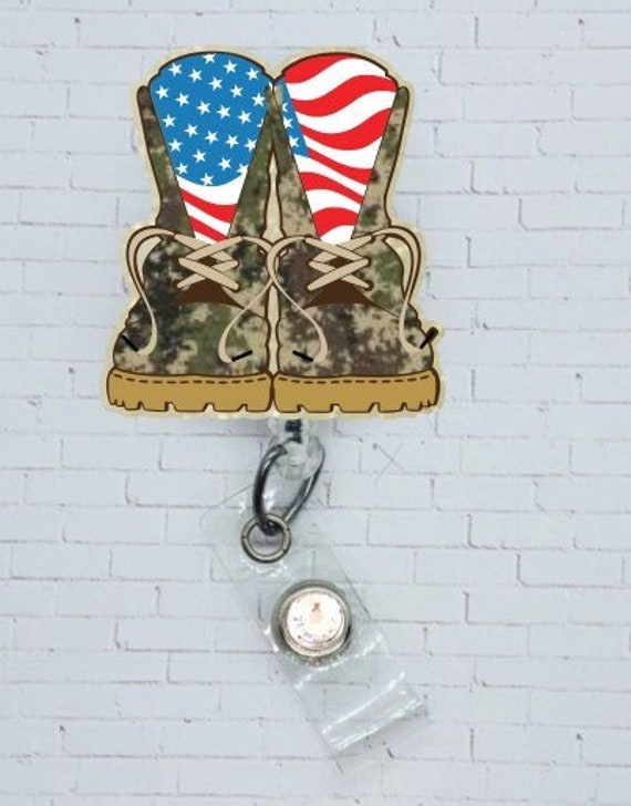 Military Boots Acrylic Badge Reel, Patriotic Badge Reel, America Badge Reel, Camo Badge Reel