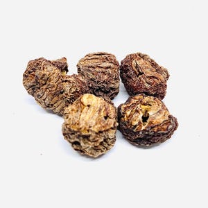 Puede incluir: Cinco frutos secos, marrones, arrugados y nudosos. Las frutas están dispuestas en un racimo sobre un fondo blanco.