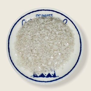 Può includere: Un piatto in ceramica bianca con un bordo blu e un disegno blu e bianco sul fondo. Il piatto è pieno di un mucchio di sale chiaro, iridescente e in scaglie.