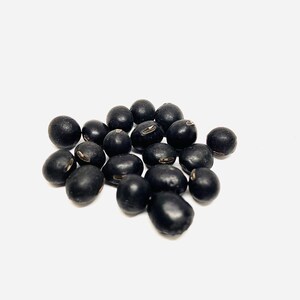 May include: A collection of black beans on a white backdrop. The beans are oval in shape and have a smooth, glossy surface. They are a deep, dark black colour, with some showing a lighter, almost grey, area where the bean was attached to the plant.