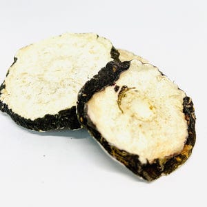 May include: Two slices of dried maca root, a superfood, are displayed against a white background. The slices have a light beige interior and a dark, almost black, outer edge. The texture appears rough and natural.