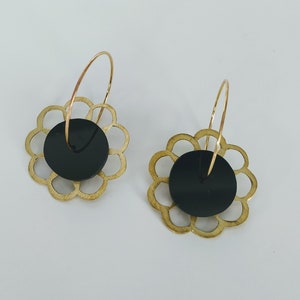Floral style brass earrings with superimposed black methacrylate sphere