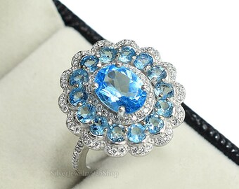 Sz 7 Blue Topaz 925 Solid Sterling Silver Bali Ring for Christmas Gift Jewelry