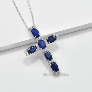 Sapphire Jewelry, Natural Blue Sapphire Holy Cross Pendant, Pendant Necklace, 925 Sterling Silver, September Birthstone, Gift For Girlfriend