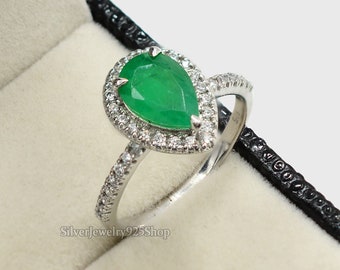 10x7 mm Pear Natural Emerald Ring, 925 Sterling Silver, Halo Ring, May Birthstone, Emerald Jewelry, Cocktail Ring, Bridal Ring, Gift For Her