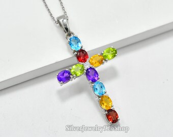 5x4MM Natural Multi Stone Pendant Necklace, 925 Sterling Silver, Holy Cross Pendant, Multi Stone Jewelry, Charm Pendant, Gift For Girlfriend