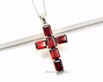 925 Sterling Silver, Natural Garnet Pendant Necklace, January Birthstone, Holy Cross Pendant, Garnet Jewelry, Charm Pendant, Gift For Friend