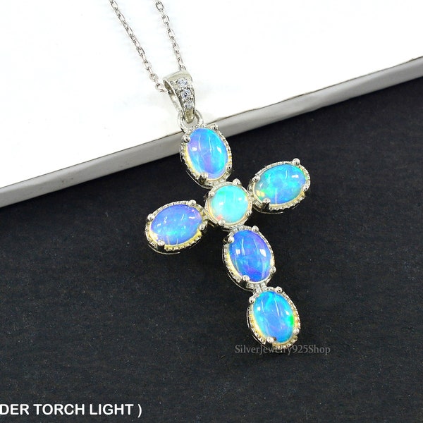 Natural Blue Fire Opal Pendant Necklace, Holy Cross Pendant, 925 Solid Silver, October Birthstone, Charm Pendant, Opal Jewelry, Gift For Her