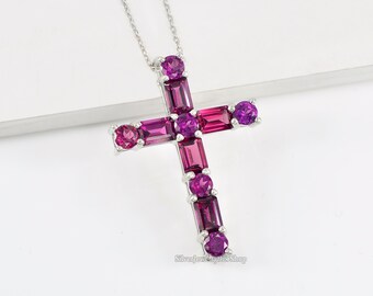 Natural Rhodolite Garnet Holy Cross Pendant, 925 Sterling Silver, January Birthstone, Pendant Necklace, Red Stone Jewelry, Anniversary Gift