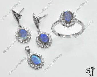 Blue Fire Gemstone Jewelry, Natural Blue Fire Labradorite Jewelry Set, 925 Sterling Silver, Ring Earring Pendant, Designer Women Jewelry Set