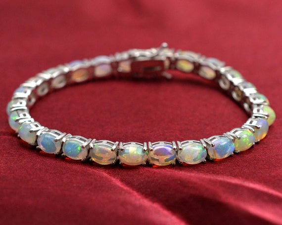 925 Sterling Silver 4 mm Round Natural Ethiopian Opal Gemstone Tennis Bracelet
