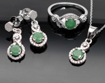 Natural Emerald Jewelry Set, 925 Sterling Silver, Ring Earring Pendant Jewelry Set, Wedding Jewelry Set, Women Jewelry Set, Gift For Her