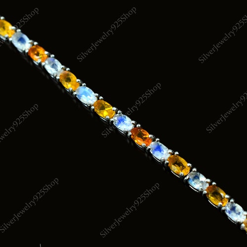 Natural Rainbow Moonstone & Mexican Fire Opal Bracelet, 925 shops Sterling Silver, Tennis Bracelet, Women Jewelry, Gift For Her, Christmas Gift