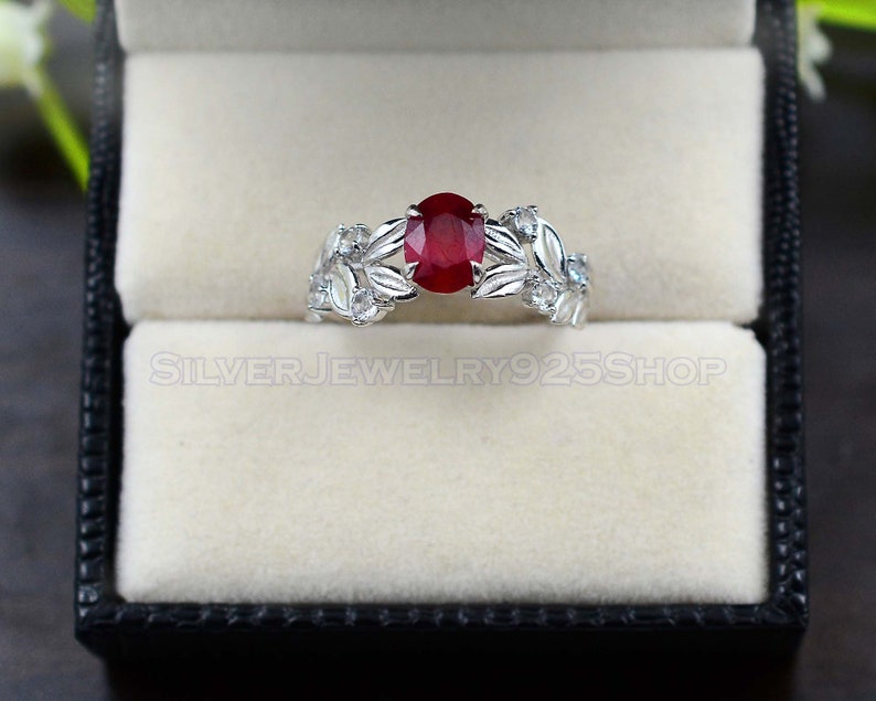 Women Ring Statement Ring Solitaire Ring July Birthstone\\ Wedding Ring\\ Gift For Her Leaf Ring 925 Sterling Silver Natural Ruby Ring