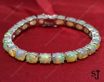 Natural Opal Bracelet, 925 Sterling Silver Jewelry, Tennis Bracelet, Ethiopian Welo Opal, October Birthstone, Wedding Bracelet, Gift For Her