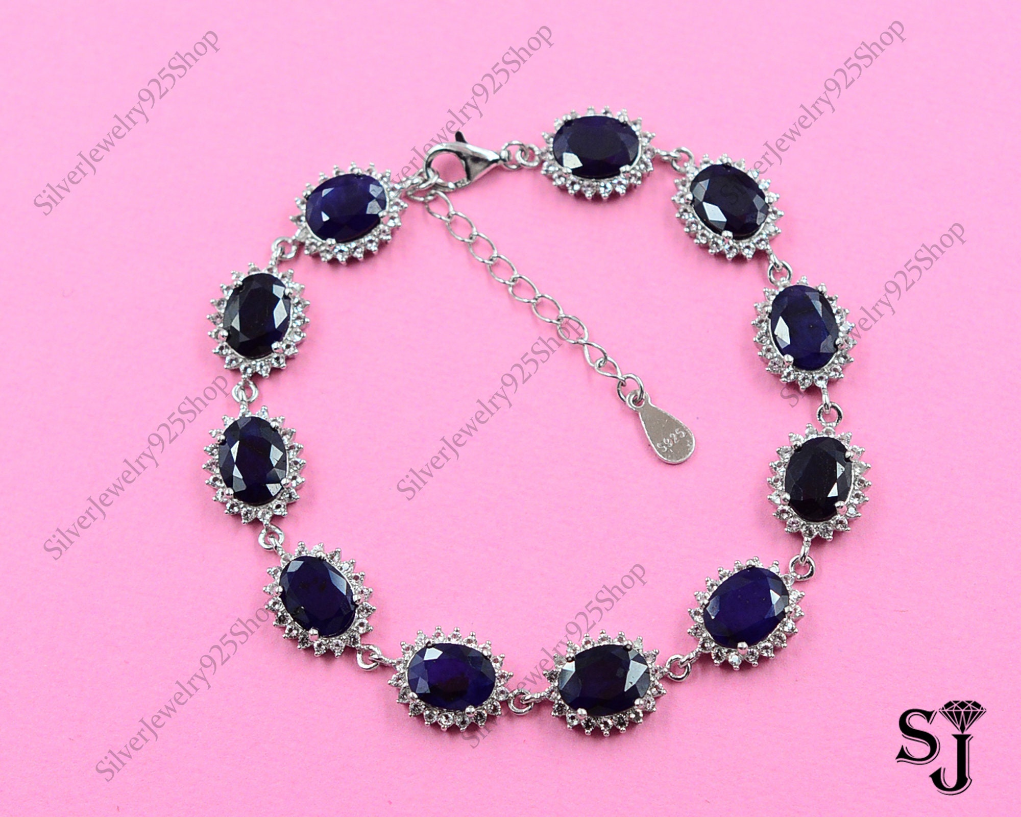 Natural Blue Sapphire Bracelet,925 Sterling Silver, Anniversary