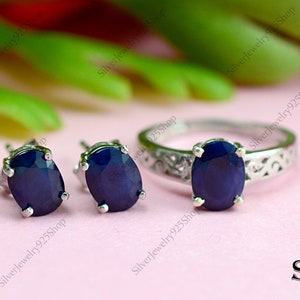 Natural Sapphire Jewelry Set, 925 Sterling Silver, September Birthstone, Blue Sapphire Ring Earring Stud, Women Jewelry, Gift For Wife
