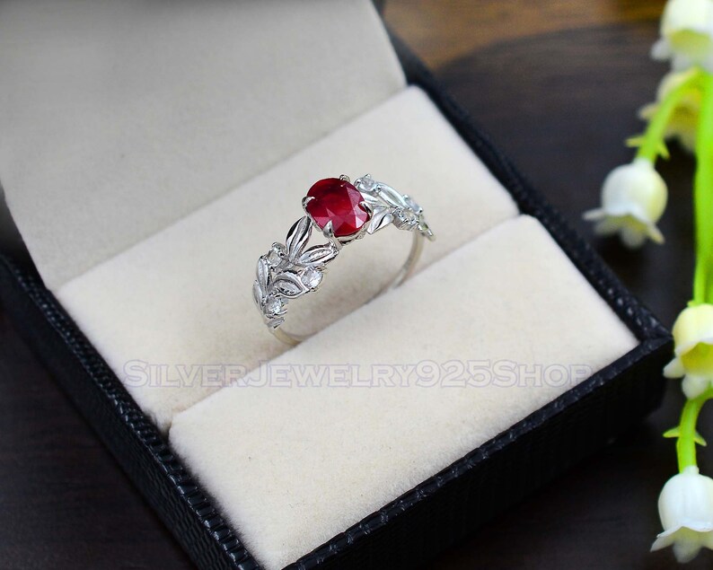Women Ring Statement Ring Solitaire Ring July Birthstone\\ Wedding Ring\\ Gift For Her Leaf Ring 925 Sterling Silver Natural Ruby Ring