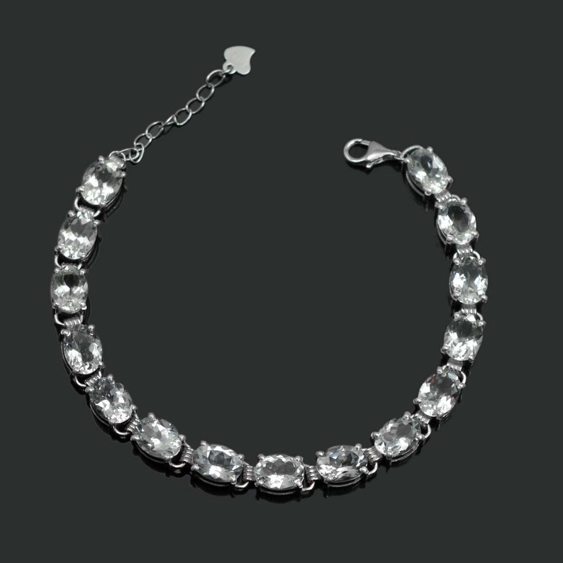 Natural Aquamarine Bracelet, Sterling 925 Silver Bracelet, Tennis Bracelet, Adjustable Chain Bracelet, Wedding Bracelet, Gift For Her image 1