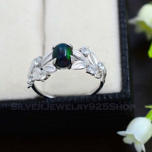 Natural Ethiopian Welo Black Opal Ring Solid 925 Sterling Silver Jewelry Solitaire Ring Wedding Ring Leaf Style Ring Anniversary Gift image 3