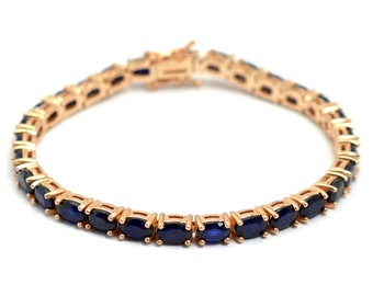Natural Blue Sapphire Bracelet, 925 Sterling Silver, Tennis Bracelet, 14K Rose Gold Wedding Jewelry, September Birthstone, Gift For Her
