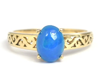 Natural Blue Opal Ring, Solid 14K Gold Ring, Blue Opal Cabochon Ring, Solitaire Jewelry, October Birthstone, Proposal Ring, Gift For Her