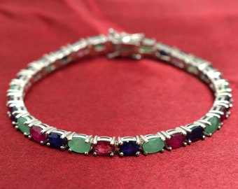 Natural Emerald Ruby Sapphire Bracelet, 925 Sterling Silver, Tennis Bracelet, Ruby Jewelry, May Birthstone, Wedding Bracelet, Gift For Her