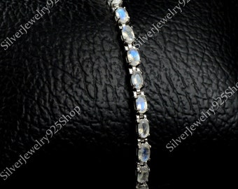925 Sterling Silver, Natural Rainbow Moonstone Bracelet, Blue Flash Tennis Bracelet, June Birthstone, Wedding Bracelet, Gift For Friend