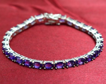 Natural Amethyst Bracelet, 925 Sterling Silver, Tennis Bracelet, Purple Oval Cut Bracelet, Wedding Bracelet, Link Bracelet, Gift For Her