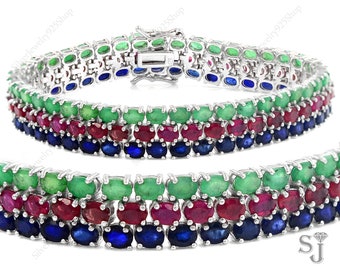 Natural Ruby Emerald Sapphire Bracelet, 925 Sterling Silver, Tennis Bracelet, Three Line Bracelet, 14K Gold Plating, Gift For Her