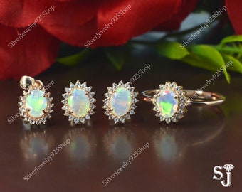 Natural Rainbow Opal Cut Jewelry Set| 925 Sterling Silver| Ring Earring Pendant| Anniversary Women Ring| October Birthstone| Gift For Her