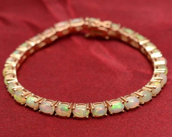 Natural Ethiopian Welo Fire Opal Bracelet, 925 Sterling Silver, Tennis Bracelet, 14K Rose Gold Plating, October Birthstone, Wedding Bracelet