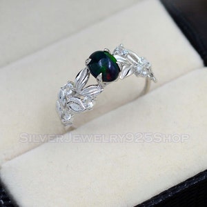 Natural Ethiopian Welo Black Opal Ring Solid 925 Sterling Silver Jewelry Solitaire Ring Wedding Ring Leaf Style Ring Anniversary Gift image 1